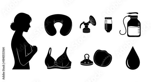 Breastfeeding essentials silhouette: pump, nursing pillow, and more