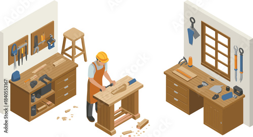 Carpenter working in workshop using hand tools, woodworking craftsman shaping wood on workbench, carpentry studio with tools, equipment, interior workspace