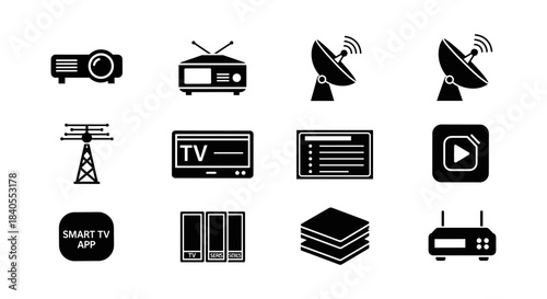 Media and communication icons: technology and entertainment themes in silhouette style