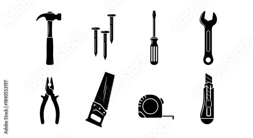 Silhouette tools: hammer, screwdriver, wrench, and more essential icons