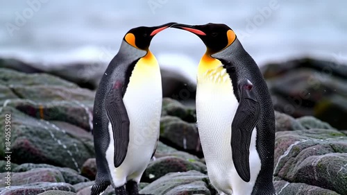 Two king penguins touch beaks on a rocky coast with blurred sea in background
