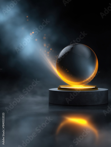 Magic sphere on a base with light effects and smoke in dark space