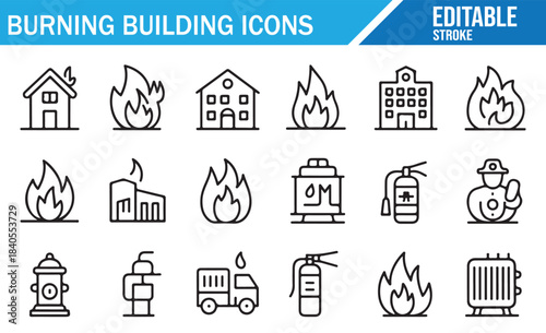 Fire alarm and burning structure outline symbols for safety graphics