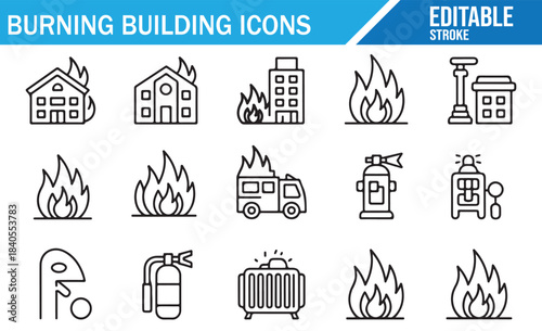 Fire safety and disaster response outline icon set for emergency design