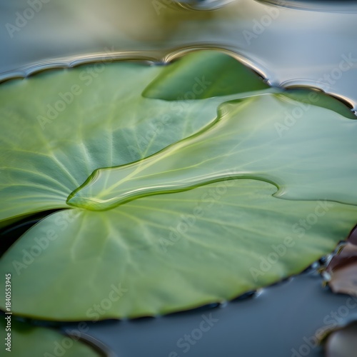 Close up of a vibrant green lily pad floating on calm water
