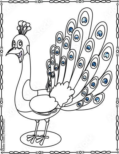 Beautiful Peacock Coloring Page For Kids And Adults. Majestic Bird Line Art, Kids Printable Art.