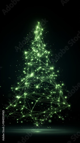 Futuristic digital landscape featuring glowing green Christmas tree made of interconnected lights in dark setting