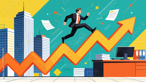This vibrant illustration shows a business professional running up an upward-trending graph, set against a city/office backdrop, symbolizing career growth, business success, and upward progress.
