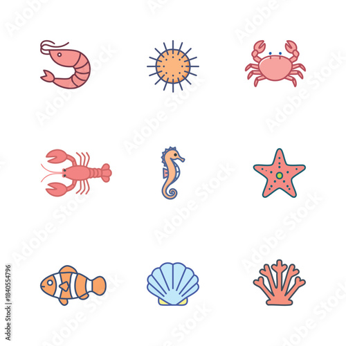 A grid of nine distinct, flat-design icons representing various sea creatures and shells, each with a unique color scheme.