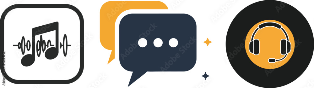 Fototapeta premium Digital music concept with icons representing sound waves voice notes and vinyl records
