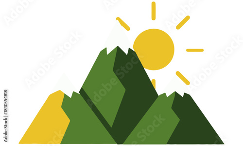 Modern Flat Design Mountain Landscape Vector Illustration: Stylized Graphic of Majestic Peaks in Grayscale Layers with Overlapping Shadows, Featuring a Yellow Sun and Minimalist Green Pine Trees