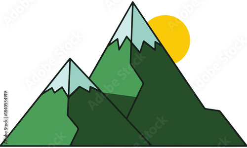 Modern Flat Design Mountain Landscape Vector Illustration: Stylized Graphic of Majestic Peaks in Grayscale Layers with Overlapping Shadows, Featuring a Yellow Sun and Minimalist Green Pine Trees