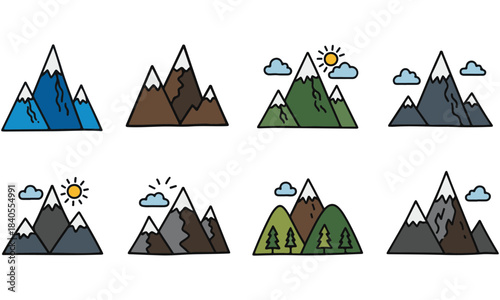 Hand Drawn Mountain Icons Collection: Diverse Set of 12 Doodle Style Vector Illustrations Featuring Snowy Peaks, Green Hills, Pine Trees, Sun, Clouds, and Flying Birds - Perfect for Nature, Travel