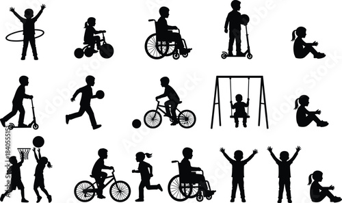 Silhouettes of diverse children playing, engaging in various outdoor activities like cycling, scootering, basketball, swinging, and using wheelchairs, symbolizing inclusive childhood fun