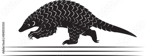 Silhouette of a pangolin walking on a white background with horizontal lines
