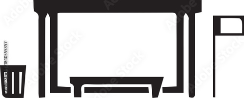 Bus stop shelter with seating, trash can, and pole sign icon