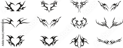 Black tribal tattoo design set featuring sharp abstract flame motifs. Bold symmetrical shapes ideal for tattoo art, graphic design, and decorative projects. Edgy vector elements for modern creative us