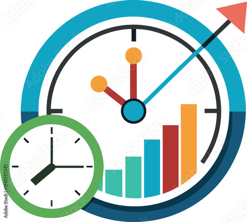 Time management concept with a clock charts and an upward trending arrow illustration