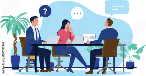 A business meeting with three people sitting around a table, discussing and collaborating on a project, with question and speech bubbles, flat design vector illustration