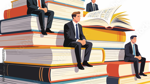 This illustration shows a business professional sitting atop towering stacks of colorful books, symbolizing knowledge, education, and the foundation of career success and intellectual growth.