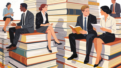 This illustration shows a business professional sitting atop towering stacks of colorful books, symbolizing knowledge, education, and the foundation of career success and intellectual growth.