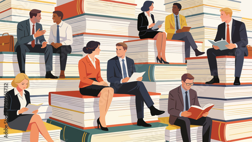 This illustration shows a business professional sitting atop towering stacks of colorful books, symbolizing knowledge, education, and the foundation of career success and intellectual growth.
