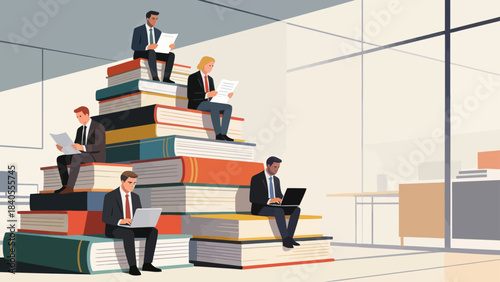 This illustration shows a business professional sitting atop towering stacks of colorful books, symbolizing knowledge, education, and the foundation of career success and intellectual growth.