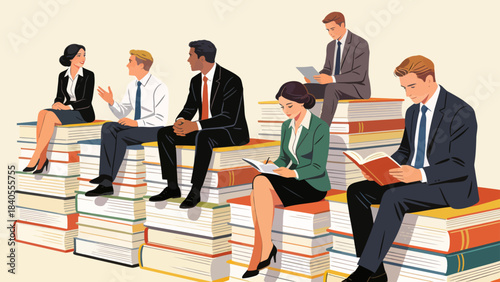 This illustration shows a business professional sitting atop towering stacks of colorful books, symbolizing knowledge, education, and the foundation of career success and intellectual growth.