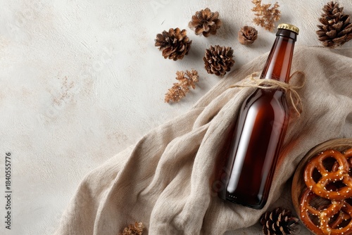 Cozy winter flat lay with amber glass bottle tied with twine on soft linen cloth, scattered pinecones and salty pretzels on a light background, warm rustic mood with copy space for craft beverage ads.