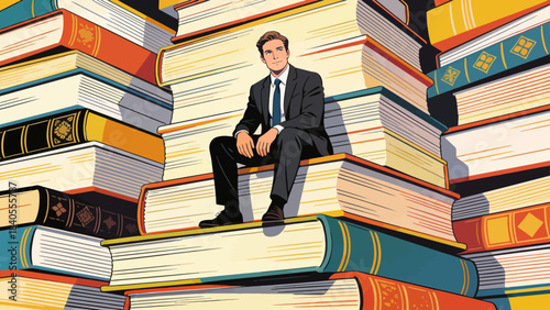 This illustration shows a business professional sitting atop towering stacks of colorful books, symbolizing knowledge, education, and the foundation of career success and intellectual growth.