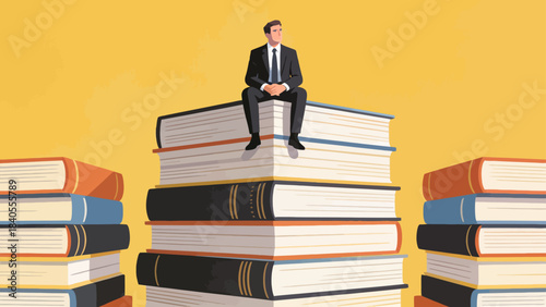 This illustration shows a business professional sitting atop towering stacks of colorful books, symbolizing knowledge, education, and the foundation of career success and intellectual growth.