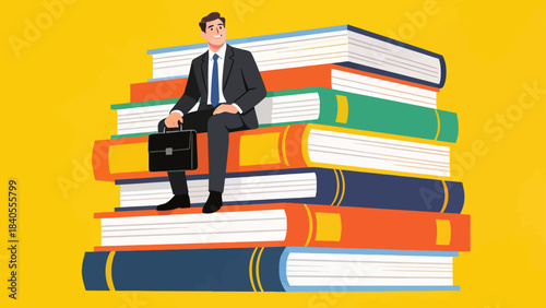 This illustration shows a business professional sitting atop towering stacks of colorful books, symbolizing knowledge, education, and the foundation of career success and intellectual growth.