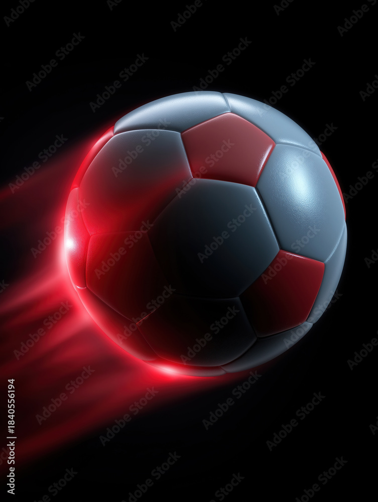 Fototapeta premium Soccer ball moves quickly with red lights in dark background