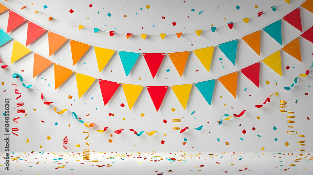 Obraz premium Bright Celebration Setting with Colorful Banners and Confetti creating joyful and lively mood suitable for birthdays and special occasions with vibrant decorations on simple backdrop