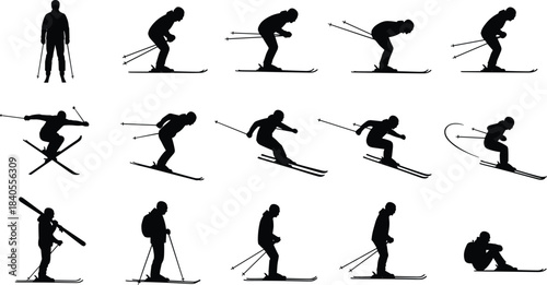 standing, descending, carving, jumping, and falling, ideal for sports and winter activity designs, vector illustration.