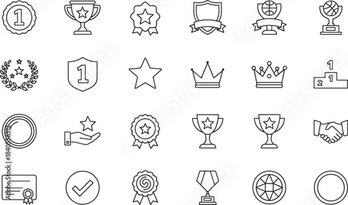 Award trophies, medals, crowns, badges, and achievement icons collection featuring recognition symbols, champion elements, success awards, premium victory vector illustrations.