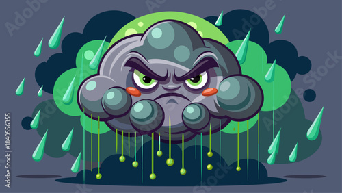 Very beautiful stylized dark gray cloud illustration with a grumpy expression, releasing bright green raindrops in a playful and modern weather-themed design.