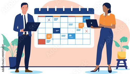 A businessman and a businesswoman with a large calendar, representing time management, business scheduling, deadlines, and project planning in a flat design vector illustration