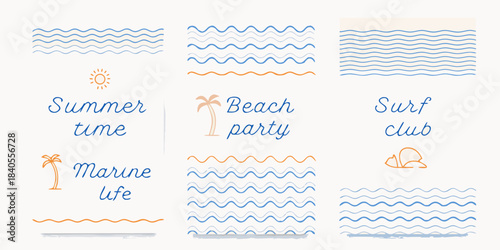 Summer themed design elements featuring waves sun and beach party illustrations