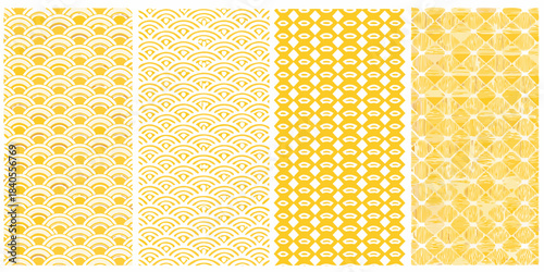 Four vibrant yellow patterned backgrounds showcasing varied geometric designs