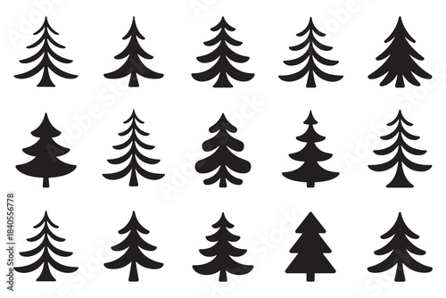 Collection of black silhouettes various trees nature forest	
