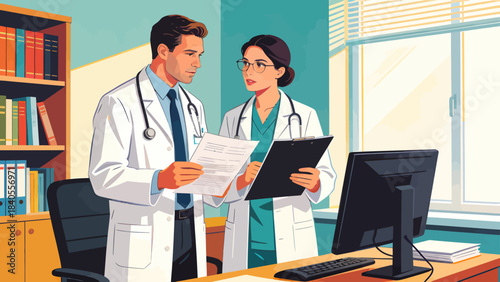 This illustration shows doctors collaborating around a desk, reviewing documents and a tablet, representing healthcare teamwork, clinical discussion, and medical planning.