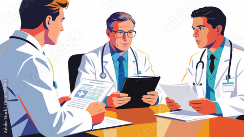 This illustration shows doctors collaborating around a desk, reviewing documents and a tablet, representing healthcare teamwork, clinical discussion, and medical planning.