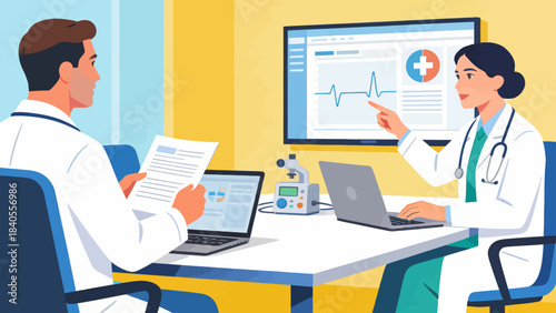 This illustration shows doctors collaborating around a desk, reviewing documents and a tablet, representing healthcare teamwork, clinical discussion, and medical planning.