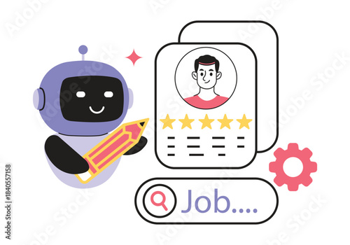 Hiring human resource vector illustration. Artificial intelligence robot assisting with job search, candidate profile review, and online recruitment process