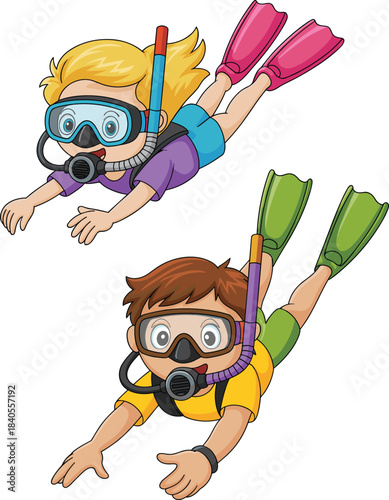 Cartoon illustration of two kids snorkeling underwater wearing diving masks, flippers, and snorkel gear enjoying fun swimming and marine adventure