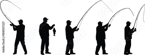 Vector Silhouette Set Showing Different Stages of a Fisherman Hooking, Fighting, Casting, and Holding a Fresh Catch, Sport and Leisure Activity, Outdoors.