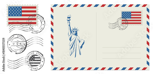 Blank post card with rubber stamp. Mockup realistic post card and postage stamp with USA flag.