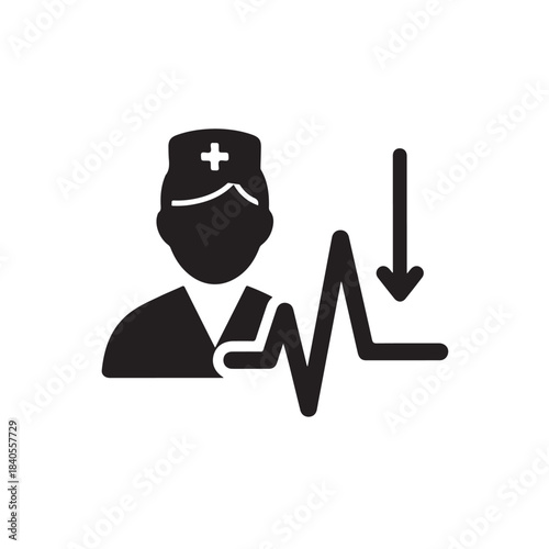 Medical professional with mask and heartbeat graph in flat design with black color on white background for healthcare icon