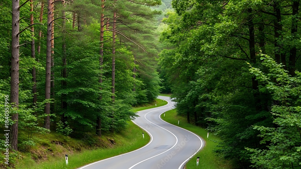Fototapeta premium Winding Forest Road Curves Through Lush Green Forest